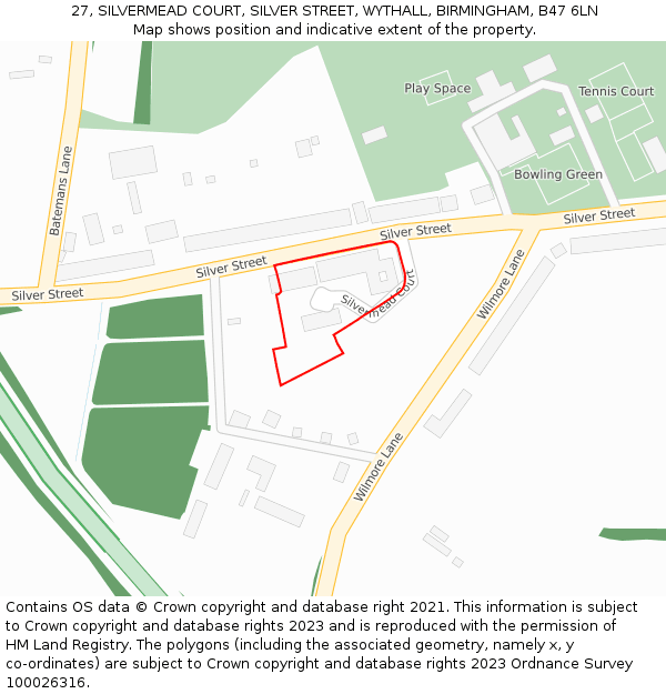 27, SILVERMEAD COURT, SILVER STREET, WYTHALL, BIRMINGHAM, B47 6LN: Location map and indicative extent of plot