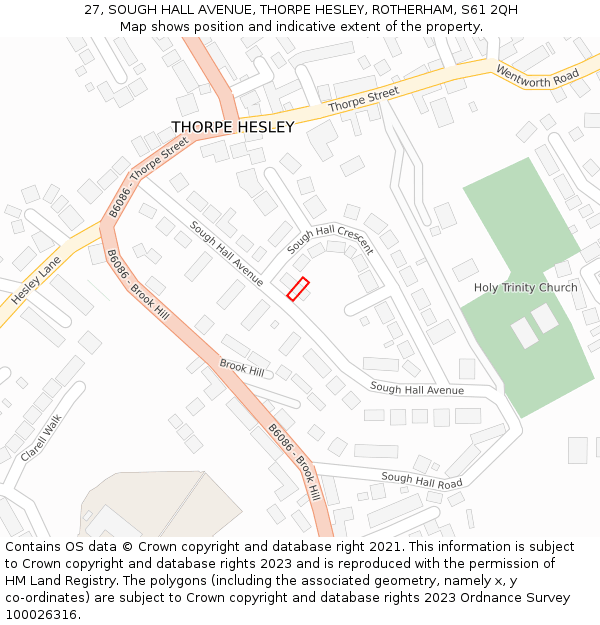 27, SOUGH HALL AVENUE, THORPE HESLEY, ROTHERHAM, S61 2QH: Location map and indicative extent of plot