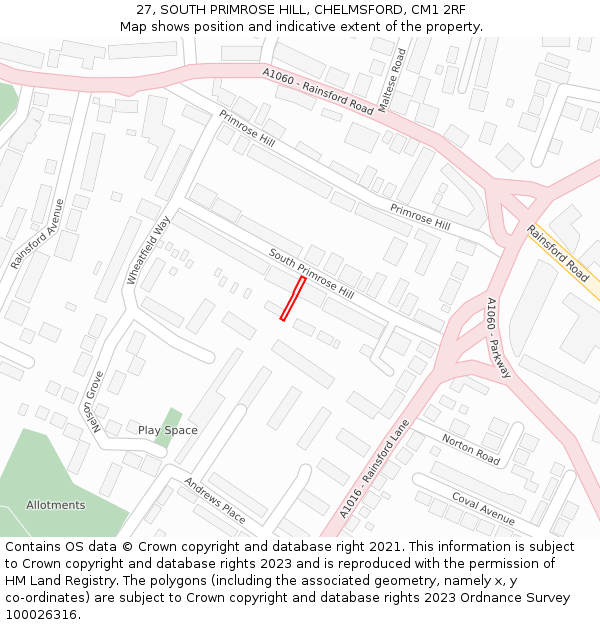 27, SOUTH PRIMROSE HILL, CHELMSFORD, CM1 2RF: Location map and indicative extent of plot