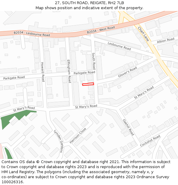 27, SOUTH ROAD, REIGATE, RH2 7LB: Location map and indicative extent of plot