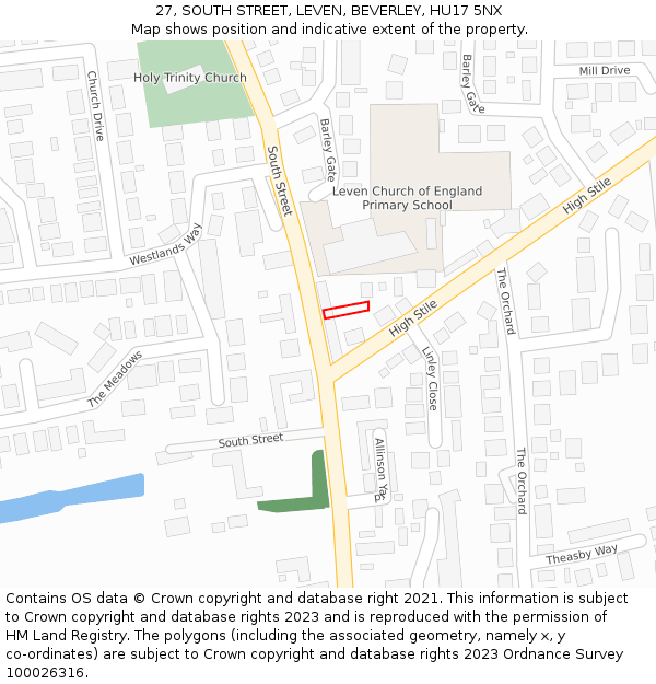 27, SOUTH STREET, LEVEN, BEVERLEY, HU17 5NX: Location map and indicative extent of plot