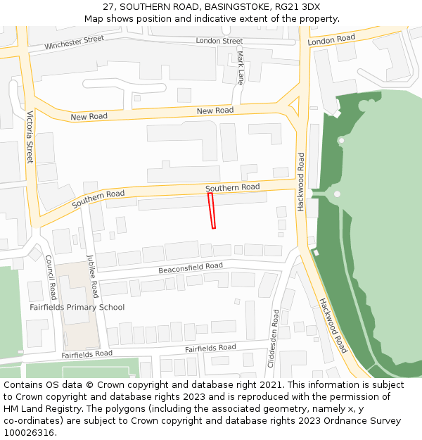 27, SOUTHERN ROAD, BASINGSTOKE, RG21 3DX: Location map and indicative extent of plot