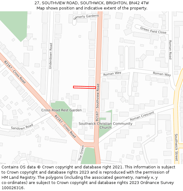 27, SOUTHVIEW ROAD, SOUTHWICK, BRIGHTON, BN42 4TW: Location map and indicative extent of plot