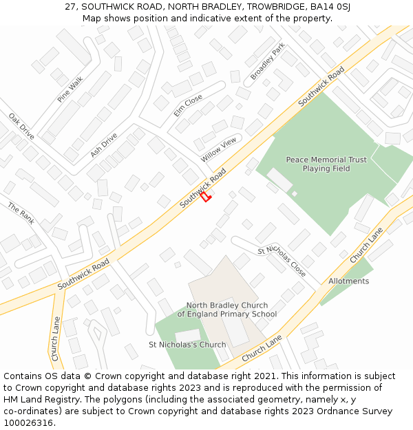 27, SOUTHWICK ROAD, NORTH BRADLEY, TROWBRIDGE, BA14 0SJ: Location map and indicative extent of plot