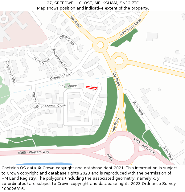 27, SPEEDWELL CLOSE, MELKSHAM, SN12 7TE: Location map and indicative extent of plot