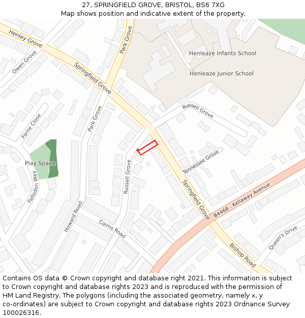 27, SPRINGFIELD GROVE, BRISTOL, BS6 7XG: Location map and indicative extent of plot