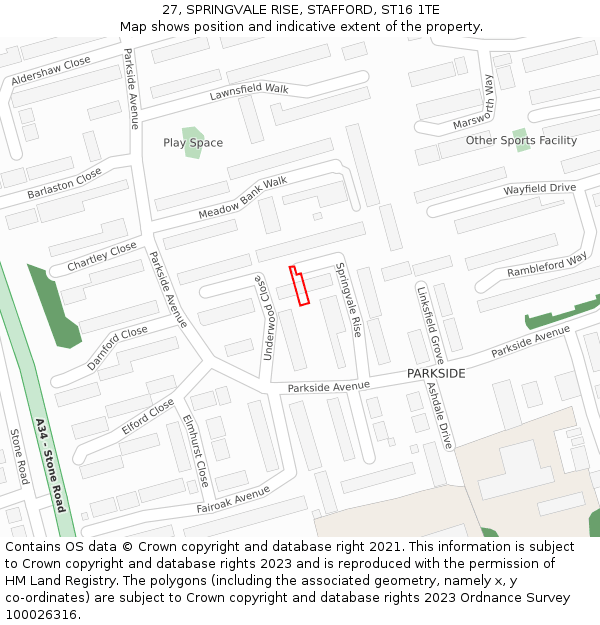 27, SPRINGVALE RISE, STAFFORD, ST16 1TE: Location map and indicative extent of plot