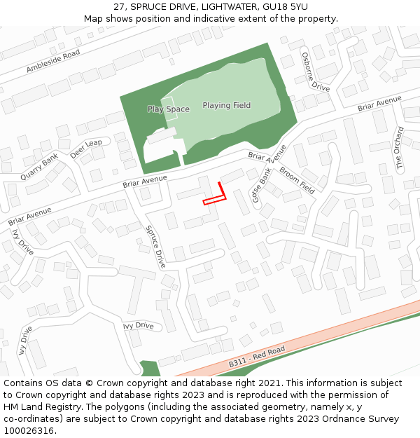 27, SPRUCE DRIVE, LIGHTWATER, GU18 5YU: Location map and indicative extent of plot