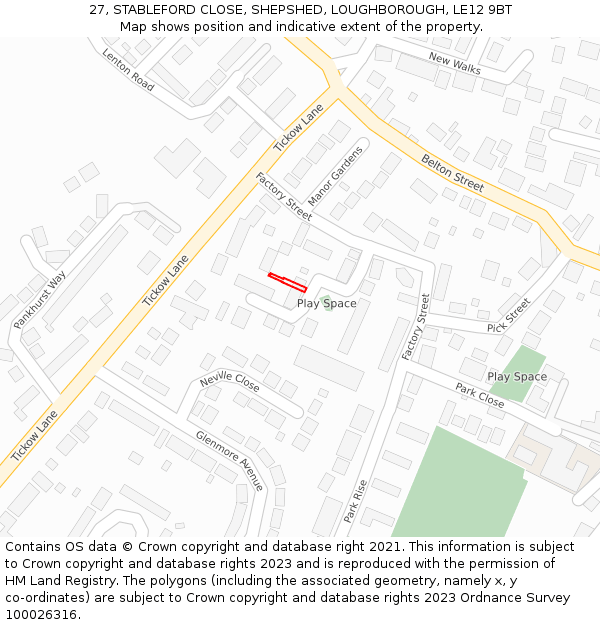 27, STABLEFORD CLOSE, SHEPSHED, LOUGHBOROUGH, LE12 9BT: Location map and indicative extent of plot