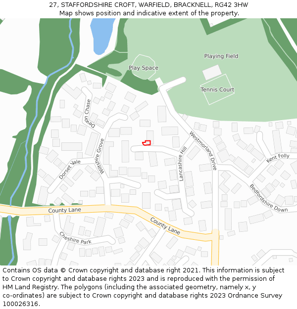 27, STAFFORDSHIRE CROFT, WARFIELD, BRACKNELL, RG42 3HW: Location map and indicative extent of plot