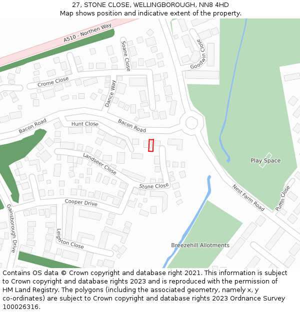 27, STONE CLOSE, WELLINGBOROUGH, NN8 4HD: Location map and indicative extent of plot
