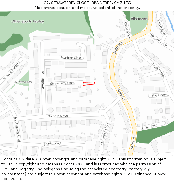 27, STRAWBERRY CLOSE, BRAINTREE, CM7 1EG: Location map and indicative extent of plot
