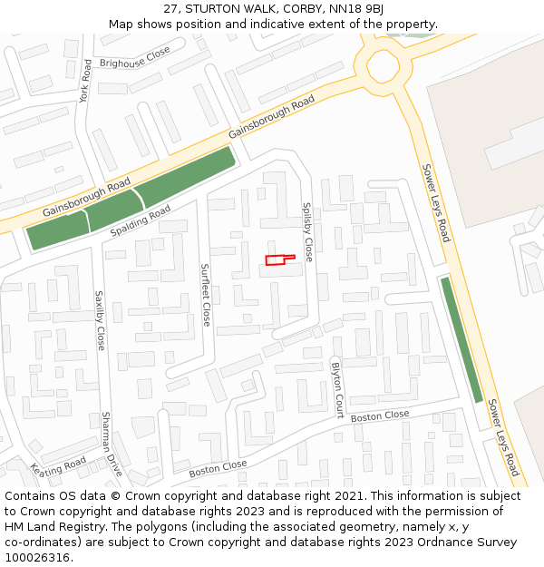 27, STURTON WALK, CORBY, NN18 9BJ: Location map and indicative extent of plot