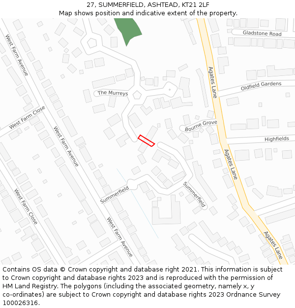 27, SUMMERFIELD, ASHTEAD, KT21 2LF: Location map and indicative extent of plot