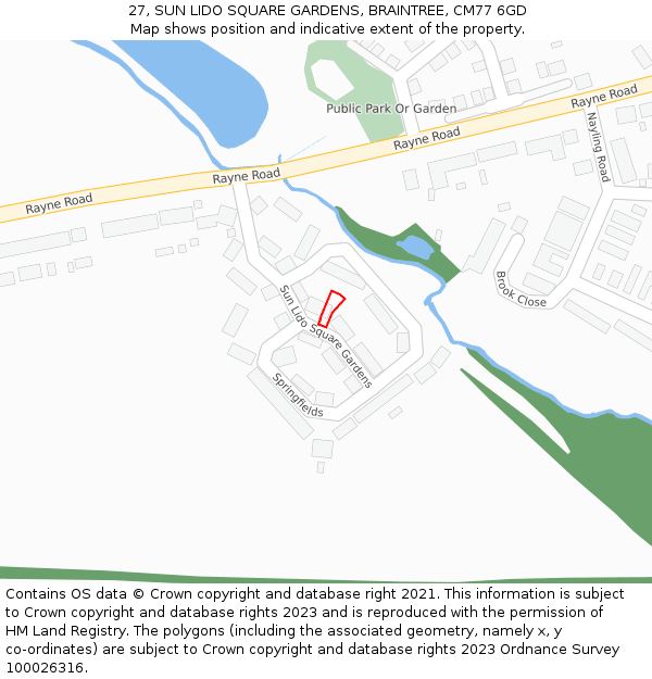 27, SUN LIDO SQUARE GARDENS, BRAINTREE, CM77 6GD: Location map and indicative extent of plot