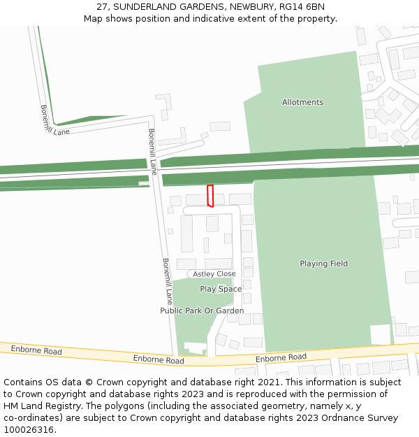 27, SUNDERLAND GARDENS, NEWBURY, RG14 6BN: Location map and indicative extent of plot