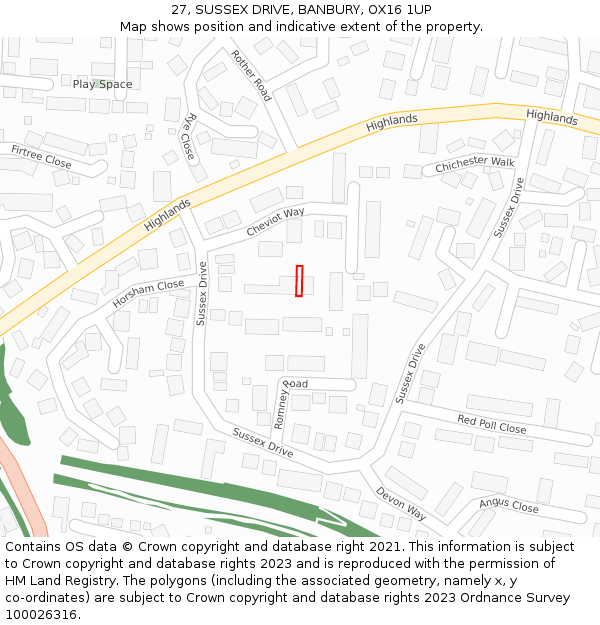 27, SUSSEX DRIVE, BANBURY, OX16 1UP: Location map and indicative extent of plot