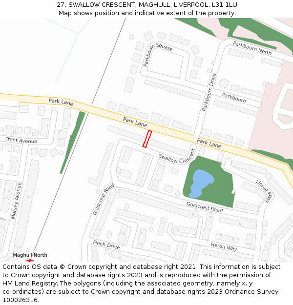 27, SWALLOW CRESCENT, MAGHULL, LIVERPOOL, L31 1LU: Location map and indicative extent of plot