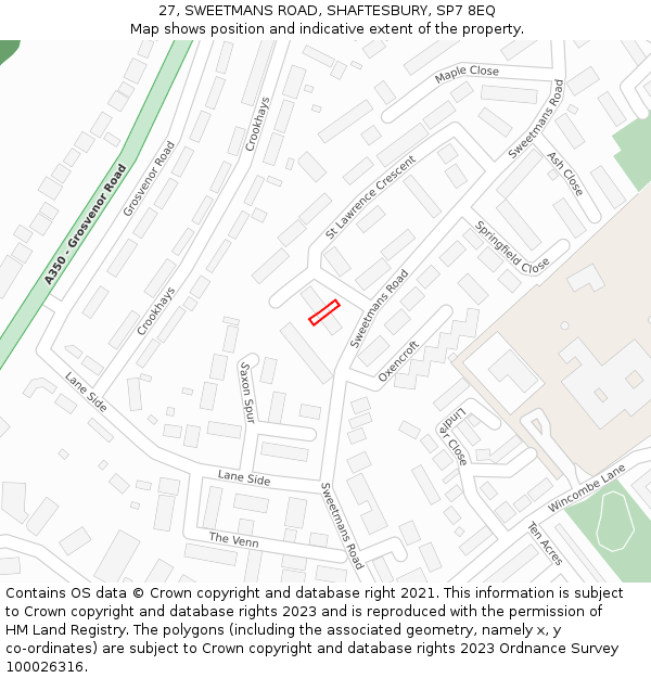 27, SWEETMANS ROAD, SHAFTESBURY, SP7 8EQ: Location map and indicative extent of plot