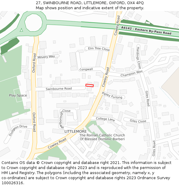 27, SWINBOURNE ROAD, LITTLEMORE, OXFORD, OX4 4PQ: Location map and indicative extent of plot