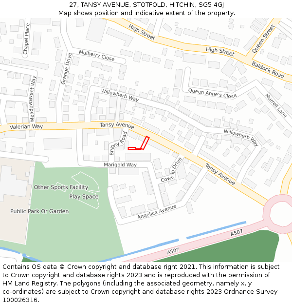 27, TANSY AVENUE, STOTFOLD, HITCHIN, SG5 4GJ: Location map and indicative extent of plot