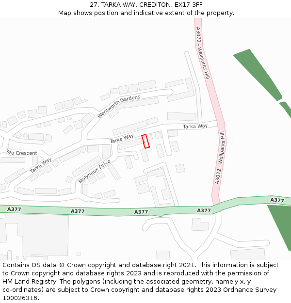 27, TARKA WAY, CREDITON, EX17 3FF: Location map and indicative extent of plot