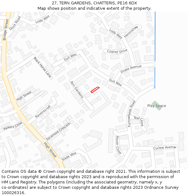 27, TERN GARDENS, CHATTERIS, PE16 6DX: Location map and indicative extent of plot