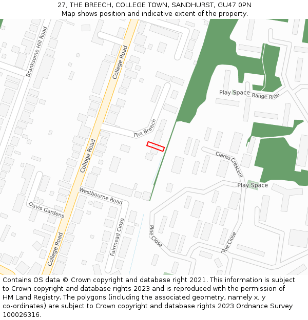 27, THE BREECH, COLLEGE TOWN, SANDHURST, GU47 0PN: Location map and indicative extent of plot