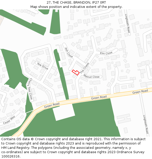 27, THE CHASE, BRANDON, IP27 0RT: Location map and indicative extent of plot