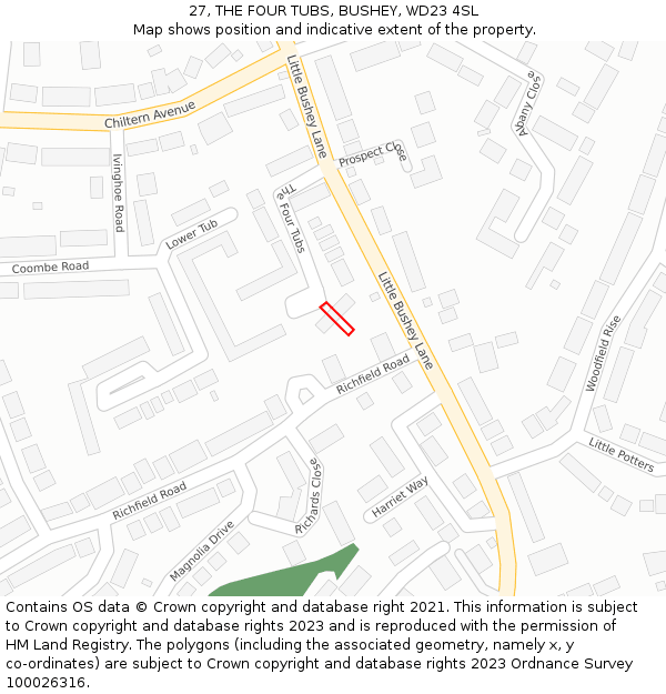 27, THE FOUR TUBS, BUSHEY, WD23 4SL: Location map and indicative extent of plot