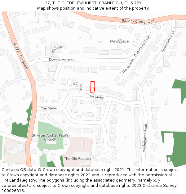 27, THE GLEBE, EWHURST, CRANLEIGH, GU6 7PY: Location map and indicative extent of plot