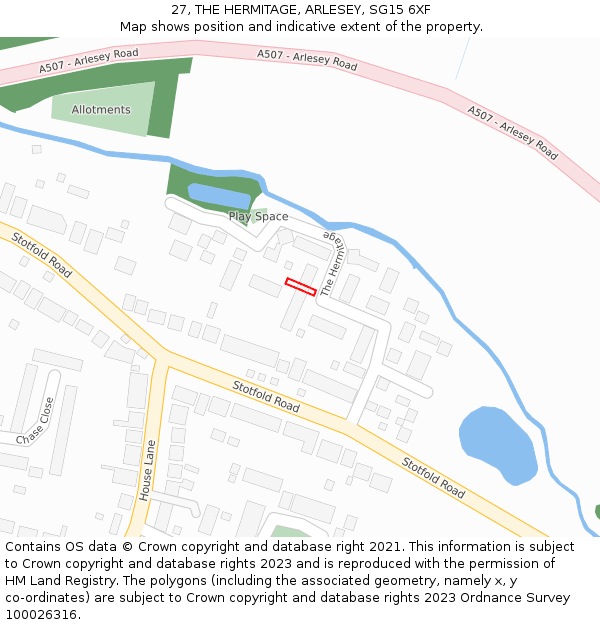 27, THE HERMITAGE, ARLESEY, SG15 6XF: Location map and indicative extent of plot