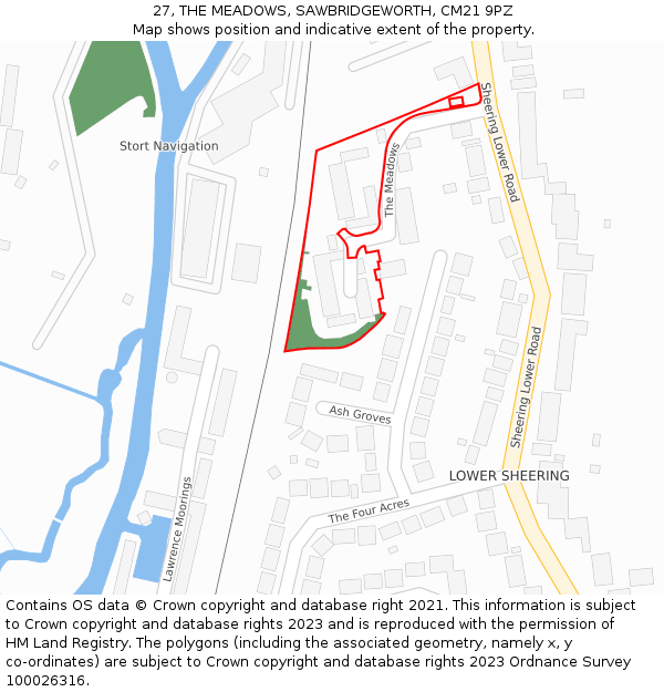 27, THE MEADOWS, SAWBRIDGEWORTH, CM21 9PZ: Location map and indicative extent of plot