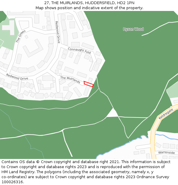 27, THE MUIRLANDS, HUDDERSFIELD, HD2 1PN: Location map and indicative extent of plot