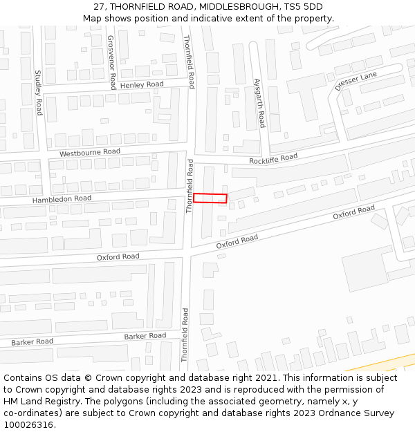 27, THORNFIELD ROAD, MIDDLESBROUGH, TS5 5DD: Location map and indicative extent of plot