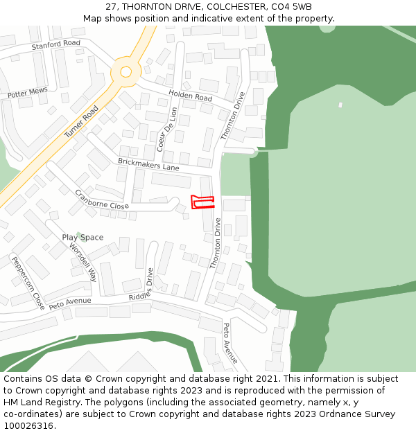 27, THORNTON DRIVE, COLCHESTER, CO4 5WB: Location map and indicative extent of plot