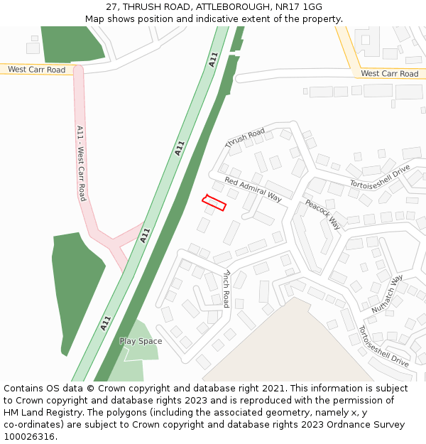 27, THRUSH ROAD, ATTLEBOROUGH, NR17 1GG: Location map and indicative extent of plot