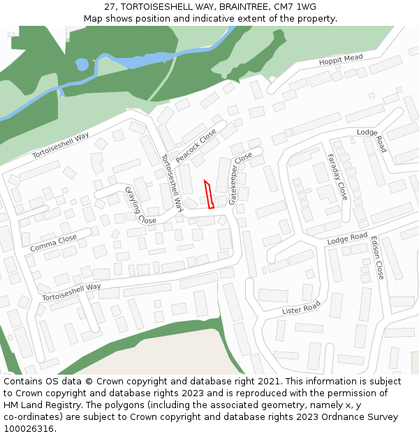 27, TORTOISESHELL WAY, BRAINTREE, CM7 1WG: Location map and indicative extent of plot