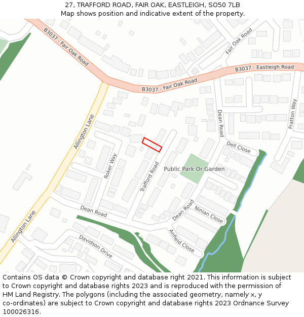 27, TRAFFORD ROAD, FAIR OAK, EASTLEIGH, SO50 7LB: Location map and indicative extent of plot