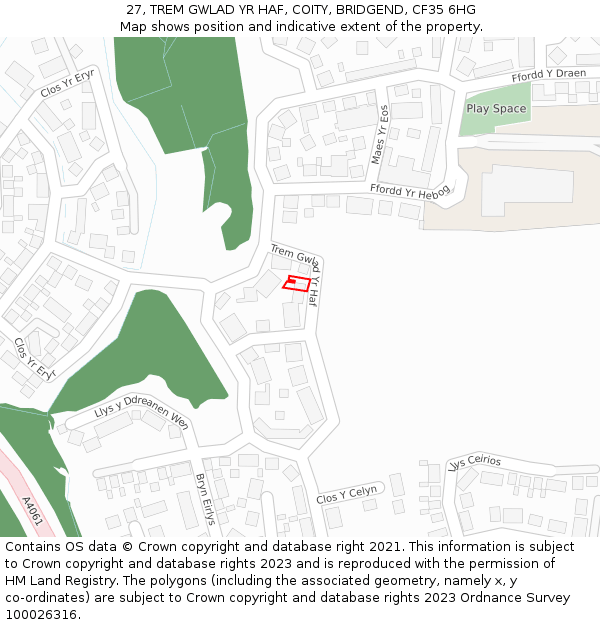 27, TREM GWLAD YR HAF, COITY, BRIDGEND, CF35 6HG: Location map and indicative extent of plot