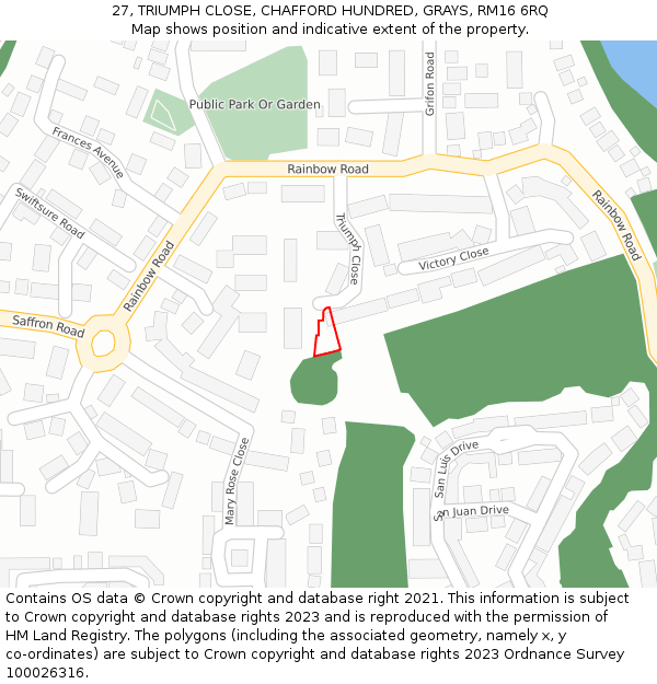 27, TRIUMPH CLOSE, CHAFFORD HUNDRED, GRAYS, RM16 6RQ: Location map and indicative extent of plot
