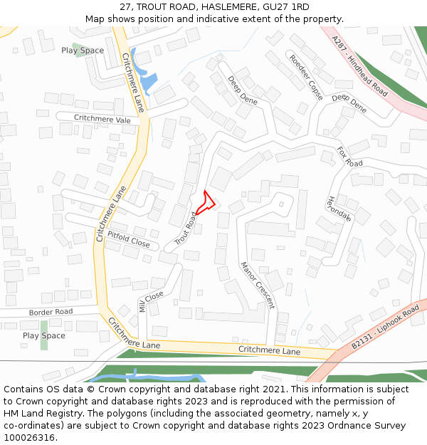 27, TROUT ROAD, HASLEMERE, GU27 1RD: Location map and indicative extent of plot