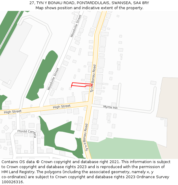 27, TYN Y BONAU ROAD, PONTARDDULAIS, SWANSEA, SA4 8RY: Location map and indicative extent of plot