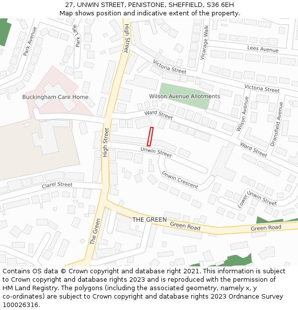 27, UNWIN STREET, PENISTONE, SHEFFIELD, S36 6EH: Location map and indicative extent of plot