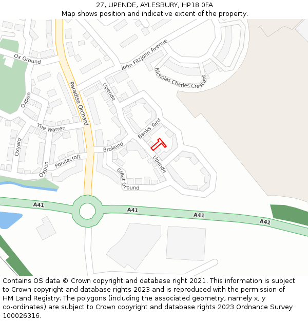 27, UPENDE, AYLESBURY, HP18 0FA: Location map and indicative extent of plot