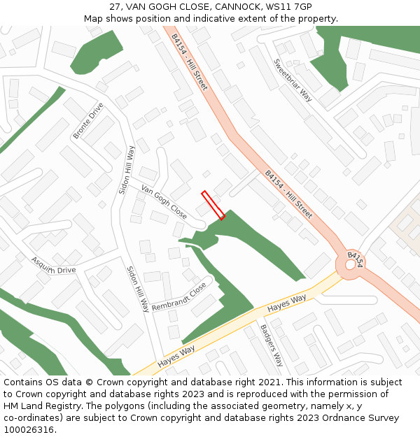 27, VAN GOGH CLOSE, CANNOCK, WS11 7GP: Location map and indicative extent of plot
