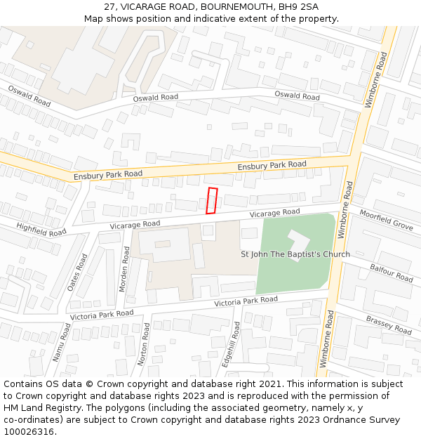 27, VICARAGE ROAD, BOURNEMOUTH, BH9 2SA: Location map and indicative extent of plot
