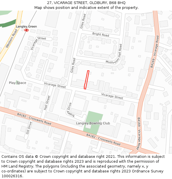 27, VICARAGE STREET, OLDBURY, B68 8HQ: Location map and indicative extent of plot