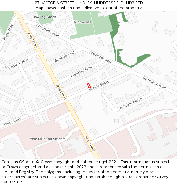 27, VICTORIA STREET, LINDLEY, HUDDERSFIELD, HD3 3ED: Location map and indicative extent of plot