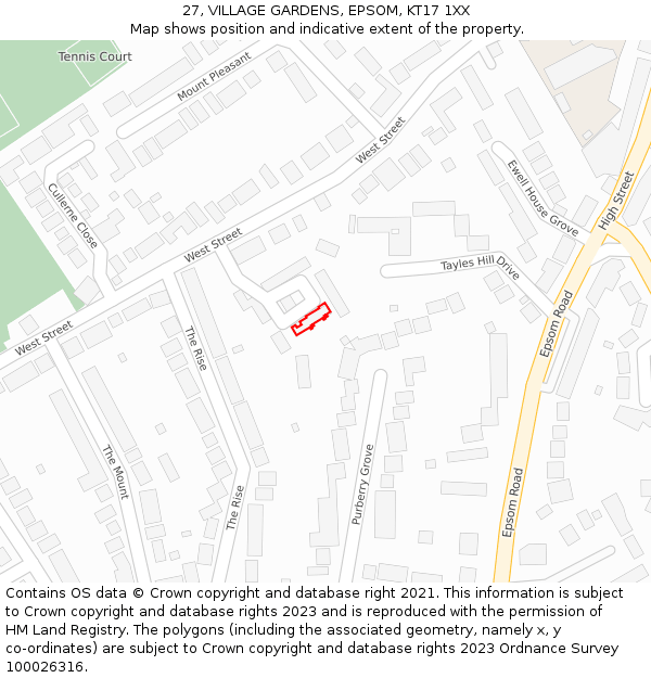 27, VILLAGE GARDENS, EPSOM, KT17 1XX: Location map and indicative extent of plot